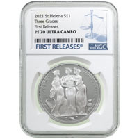 2021 Saint Helena Three Graces One Ounce Silver Proof Coin NGC Graded PF 70 Ultra Cameo First Releases Thumbnail