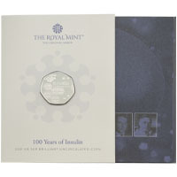UK21DIBU 2021 Innovation In Science 100 Years Discovery Of Insulin Fifty Pence Brilliant Uncirculated Coin In Folder Thumbnail