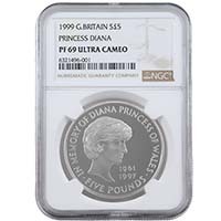 1999 Princess Diana £5 Crown Silver Proof PF 69 Ultra Cameo Thumbnail